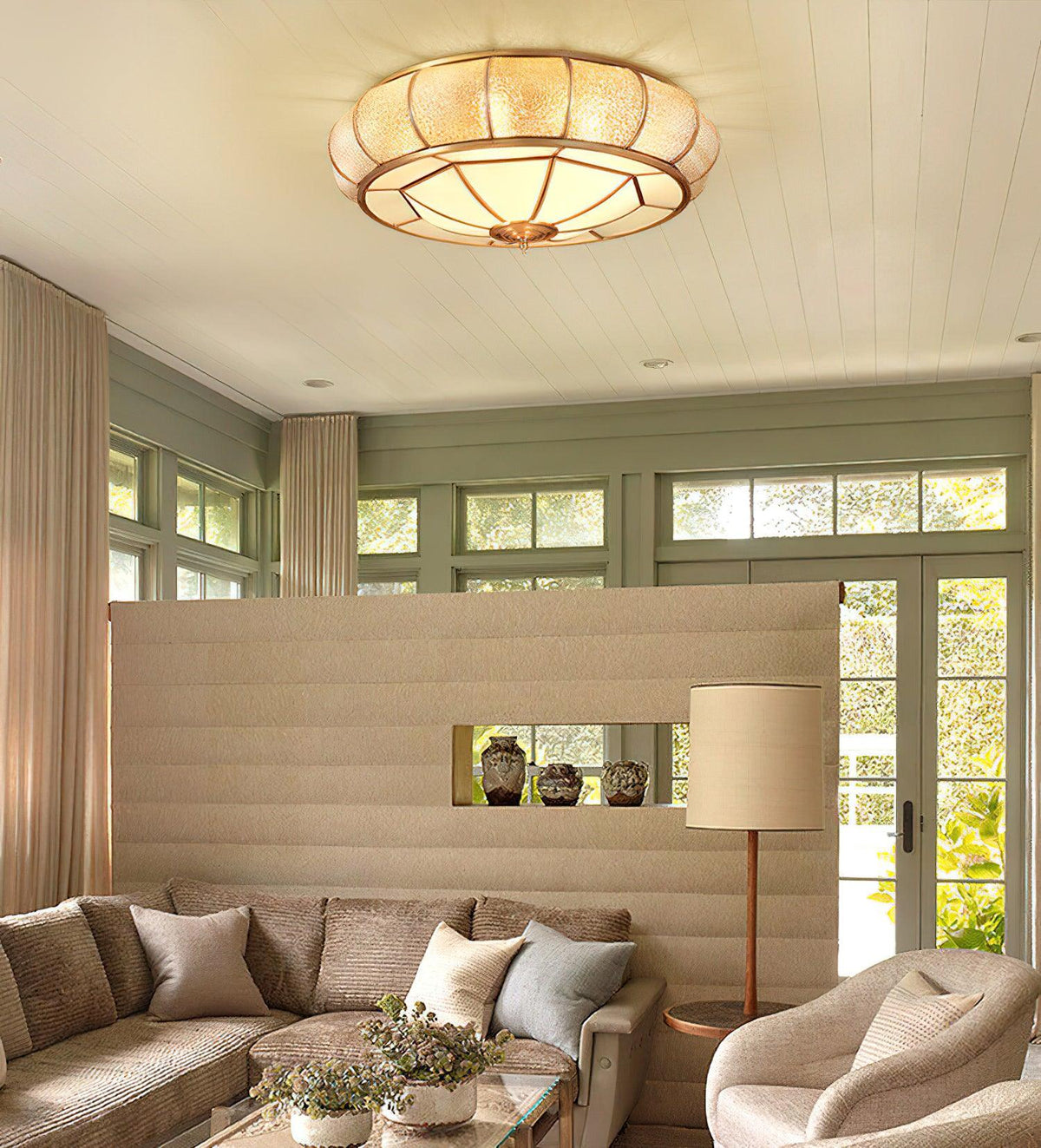 Ulrinara Postmoderne Luxe Tambour Laiton Verre Plafonnier - Neutralighting