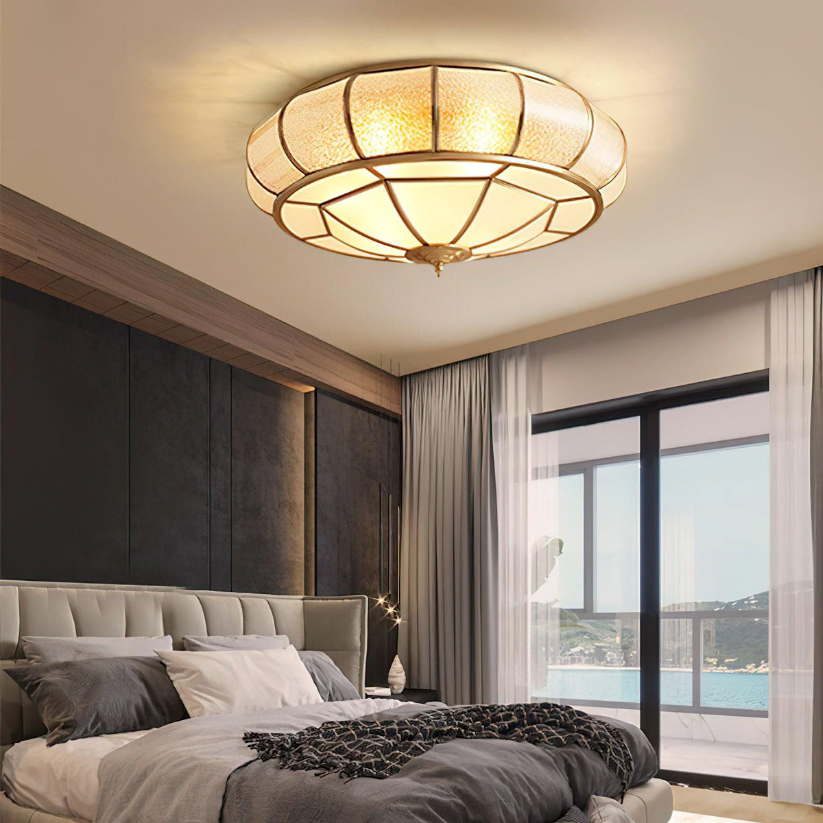 Ulrinara Postmoderne Luxe Tambour Laiton Verre Plafonnier - Neutralighting