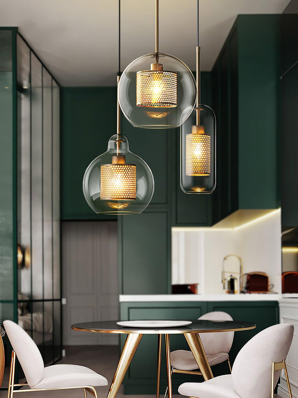 Lustra Lustre Suspendu En Verre Maillage Doré Pour Salle À Manger - Neutralighting
