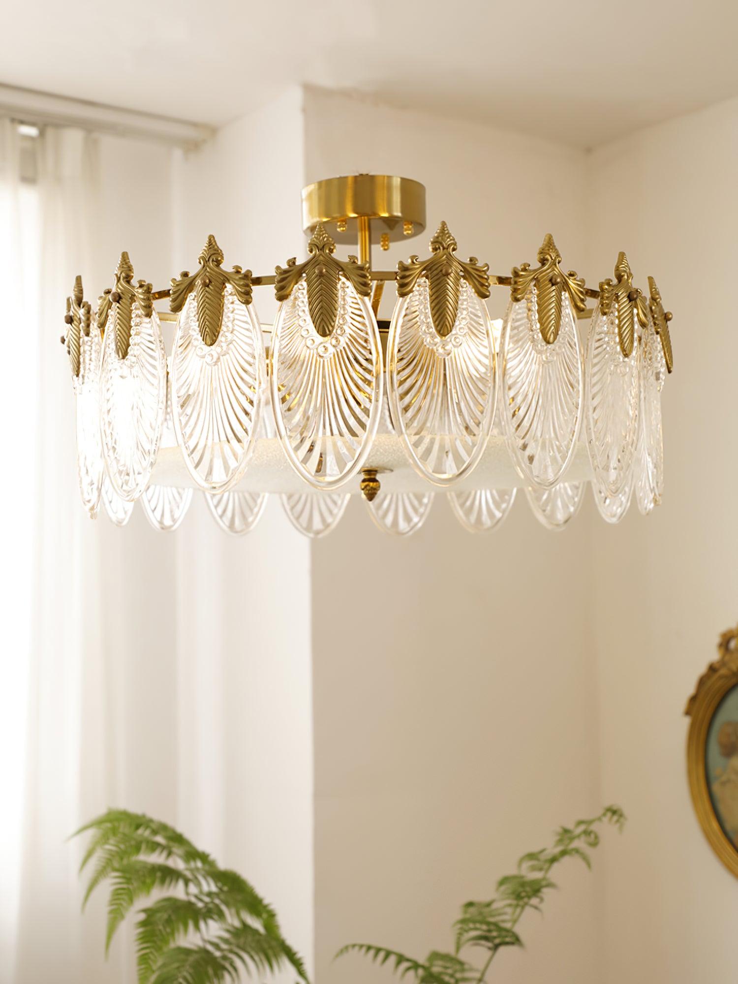 Lustra Chandelier en Verre Pétales avec Cadre Doré Rond - Neutralighting