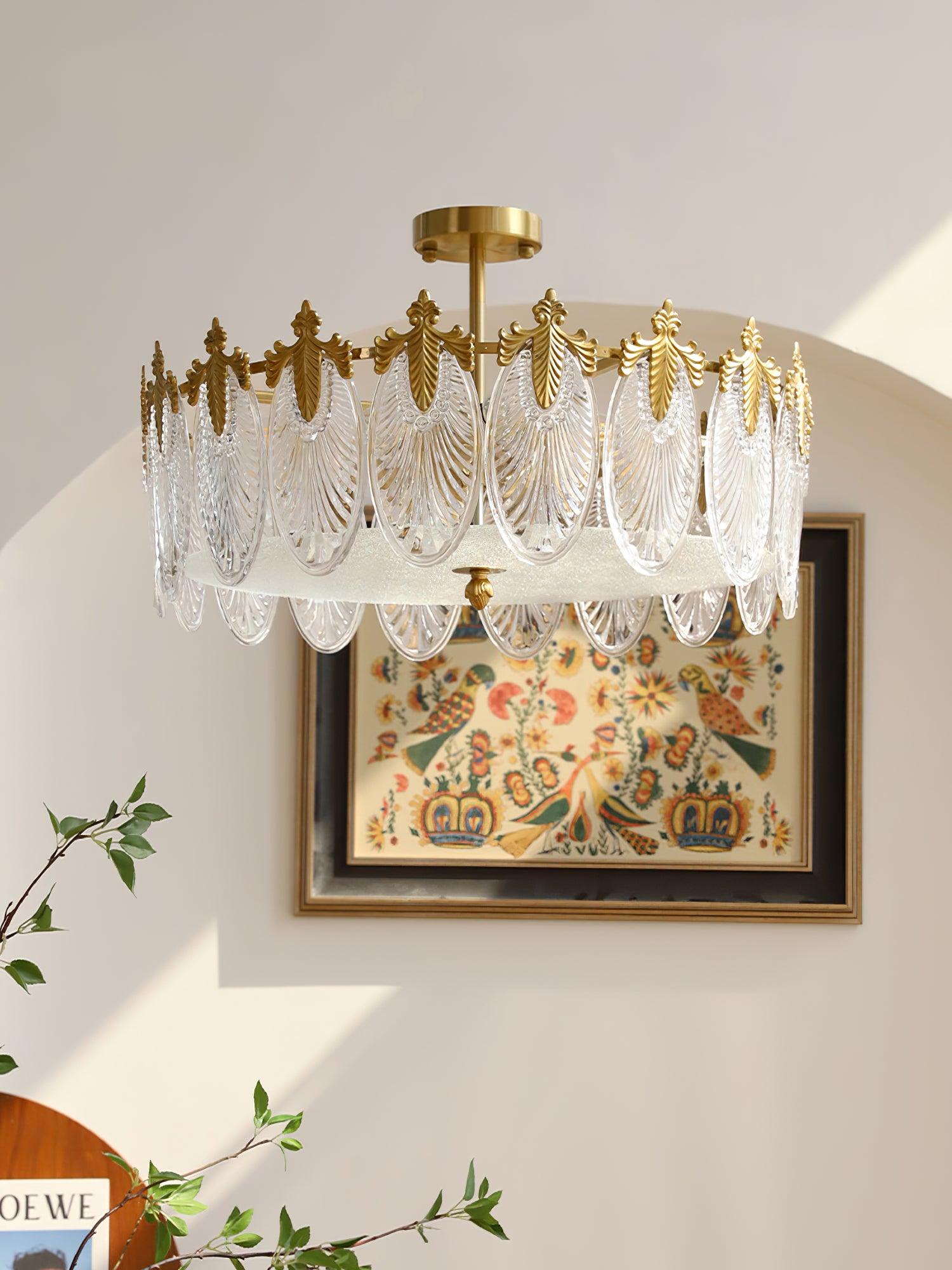 Lustra Chandelier en Verre Pétales avec Cadre Doré Rond - Neutralighting