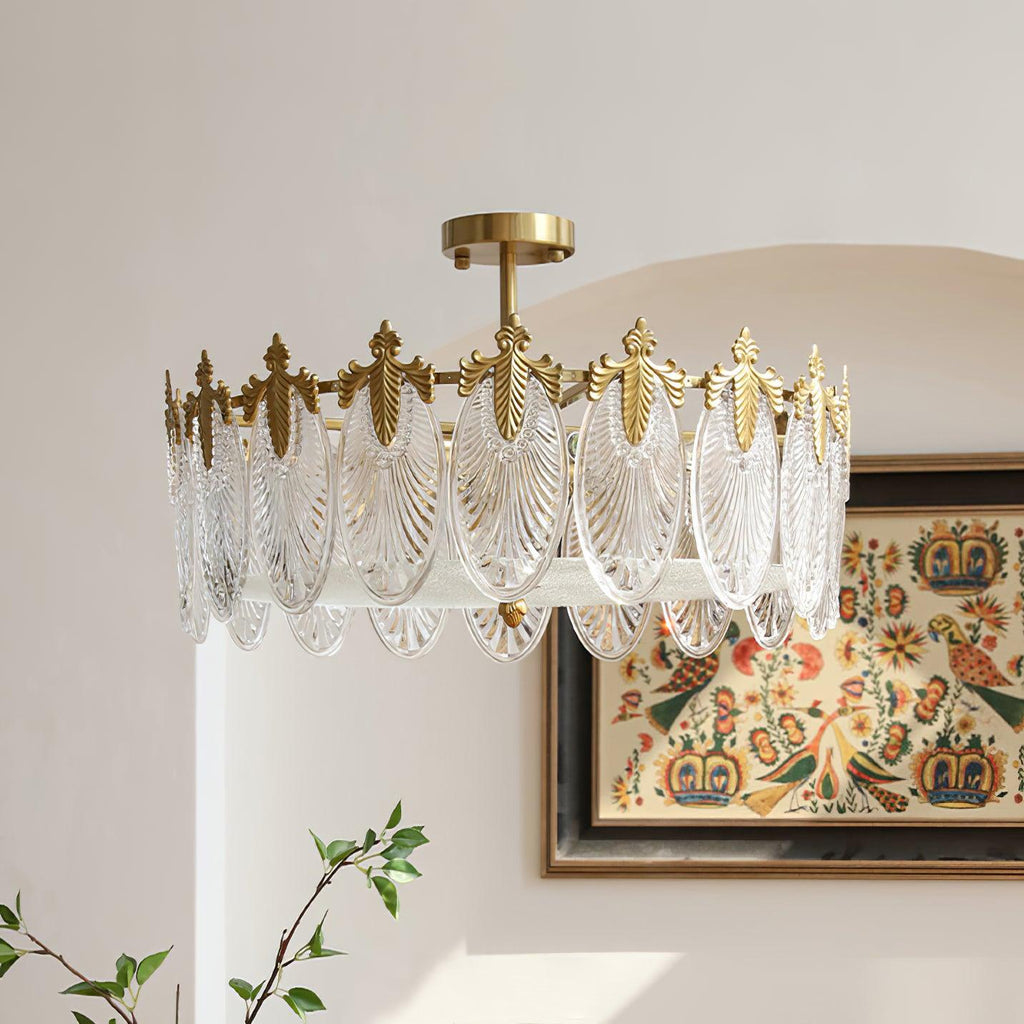 Lustra Chandelier en Verre Pétales avec Cadre Doré Rond - Neutralighting