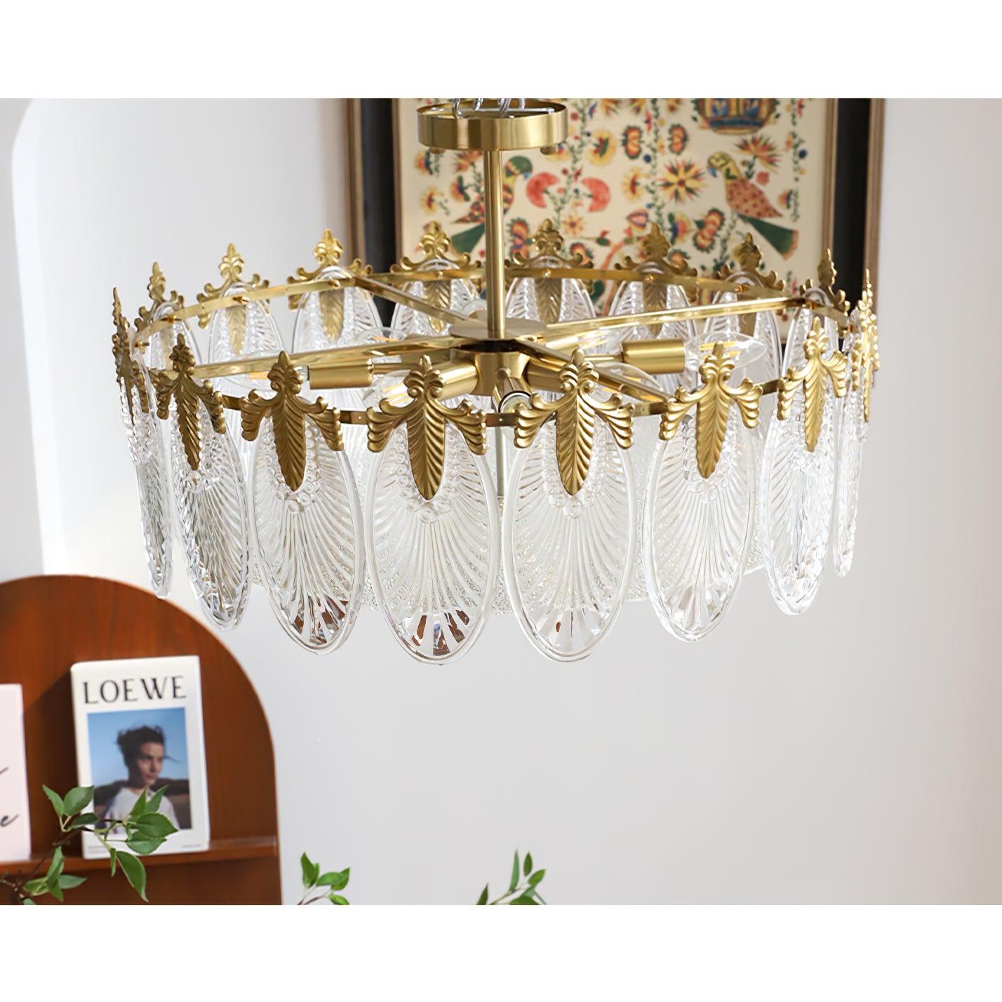 Lustra Chandelier en Verre Pétales avec Cadre Doré Rond - Neutralighting