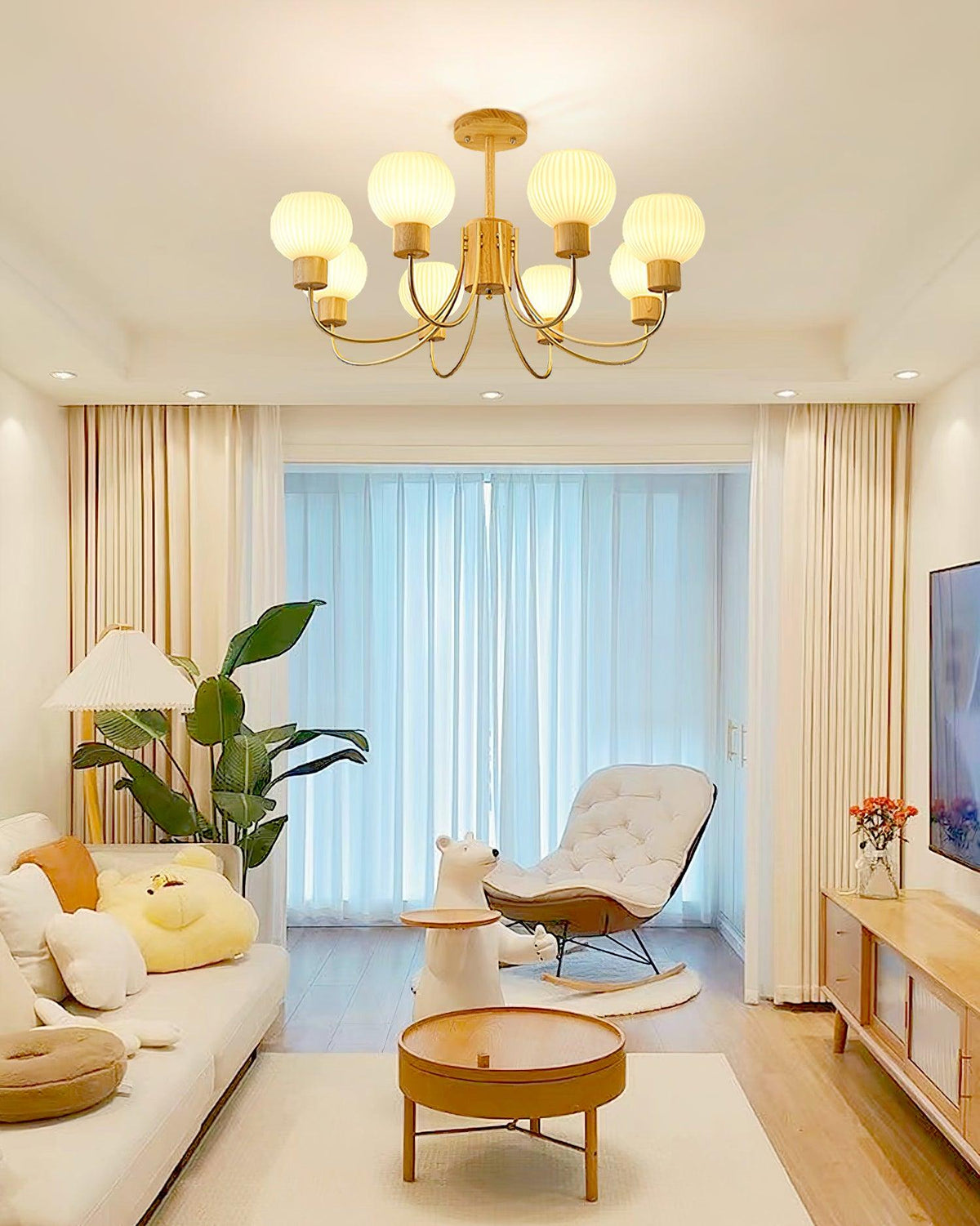 Lustra Chandelier en Bois à 6 Lumières en Verre Élégant - Neutralighting