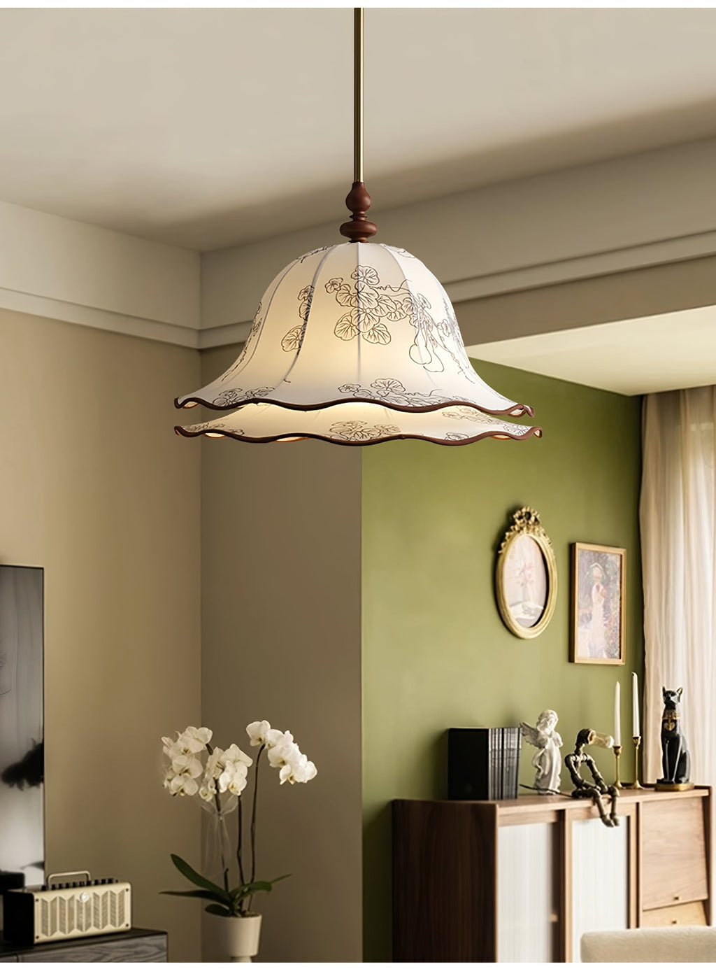Ilsilis Suspension Élégante en Tissu Fleuri et Bois - Neutralighting