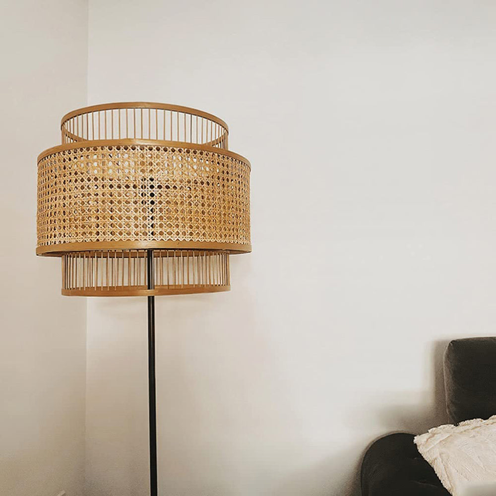 Ritta Lampadaire Anneau Simple, Métal/Rotin, Bois, Salon/Salle à Manger - Neutralighting