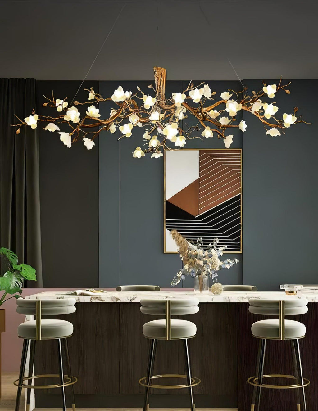 Avaros Lustre en céramique et laiton de luxe postmoderne avec branches fleuries - Neutralighting