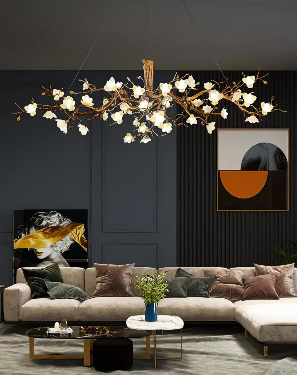 Avaros Lustre en céramique et laiton de luxe postmoderne avec branches fleuries - Neutralighting