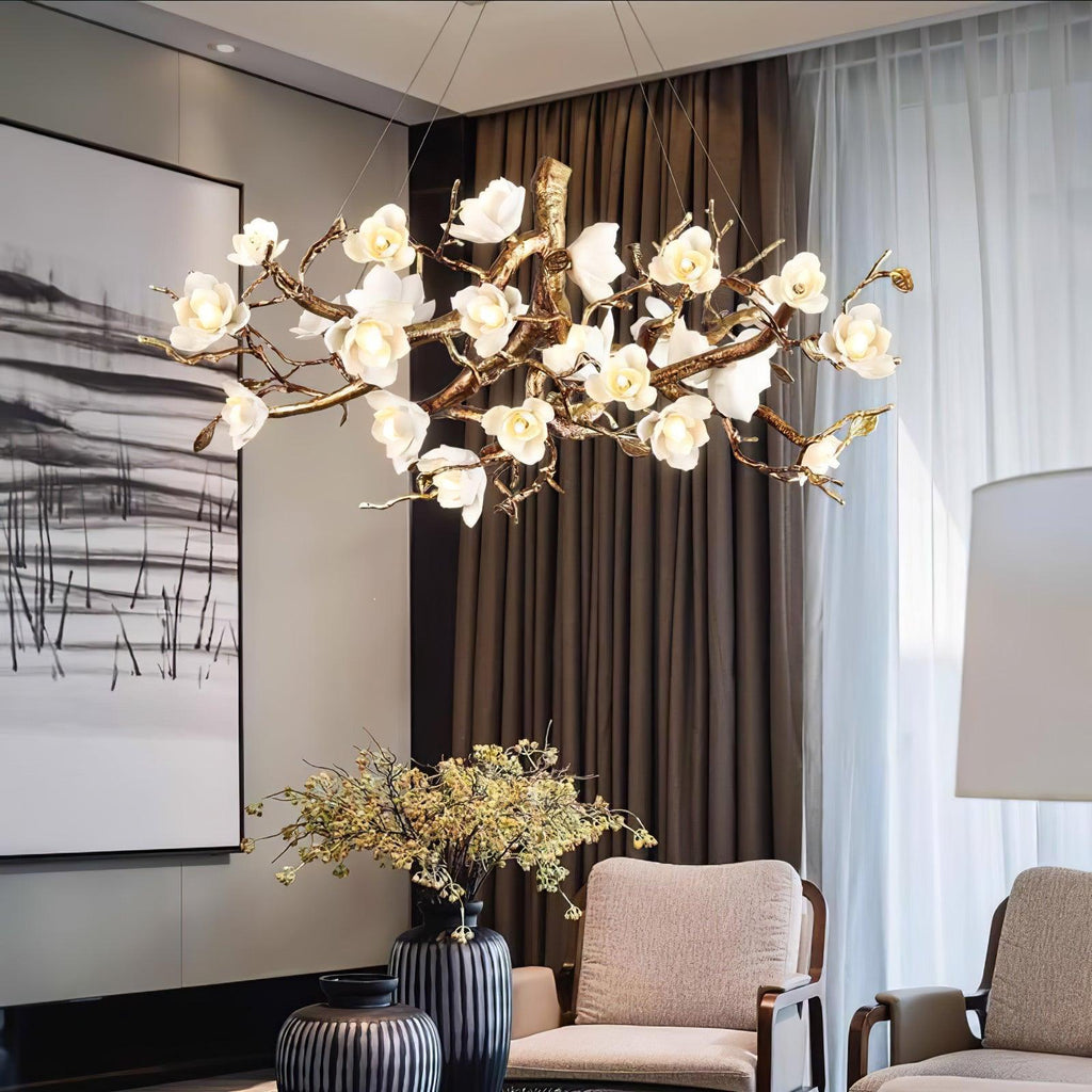 Avaros Lustre en céramique et laiton de luxe postmoderne avec branches fleuries - Neutralighting