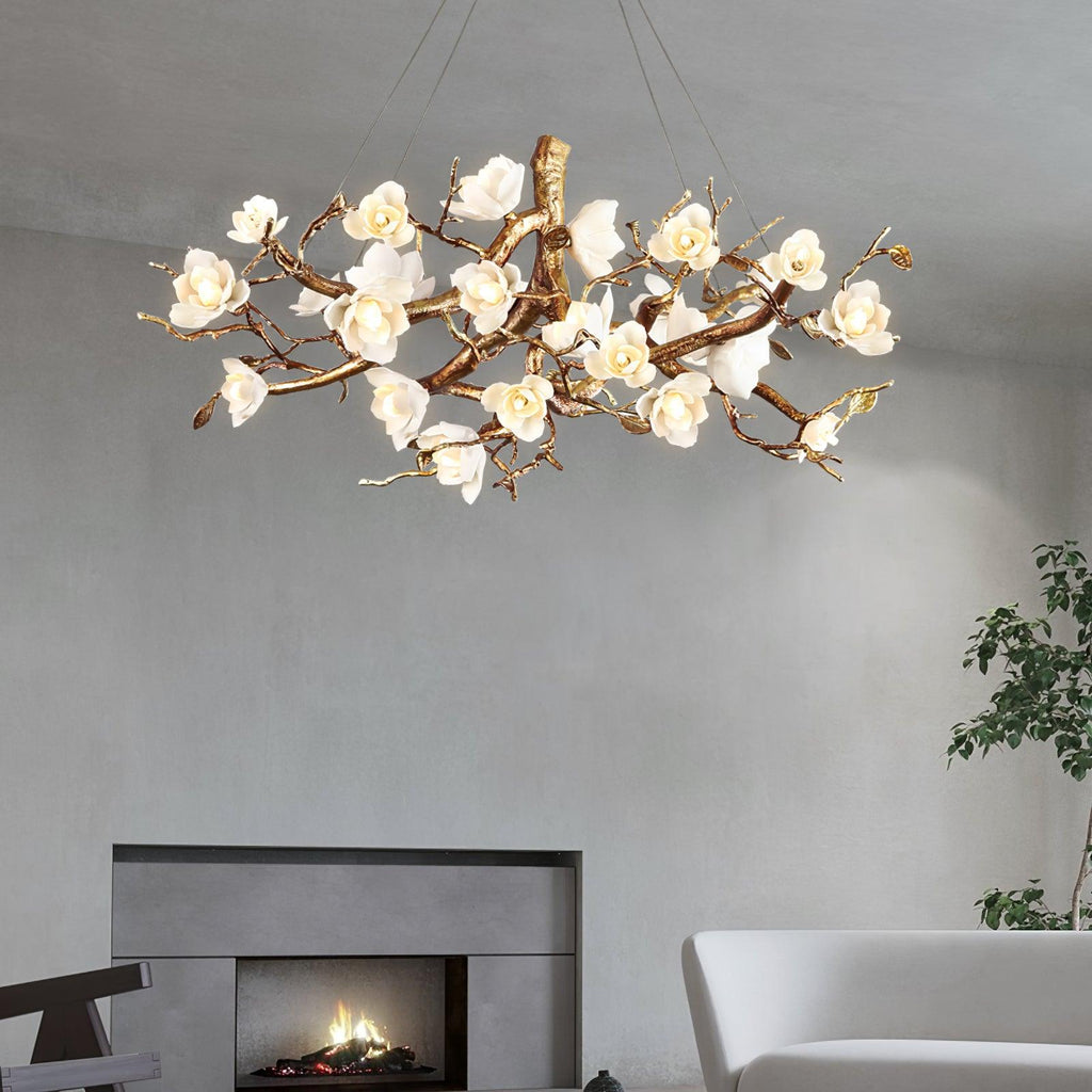 Avaros Lustre en céramique et laiton de luxe postmoderne avec branches fleuries - Neutralighting