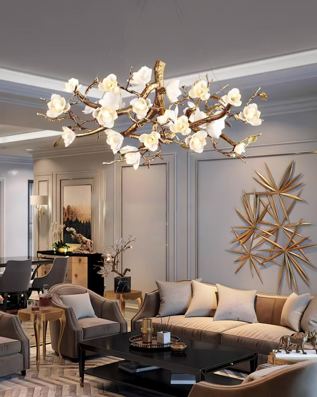 Avaros Lustre en céramique et laiton de luxe postmoderne avec branches fleuries - Neutralighting