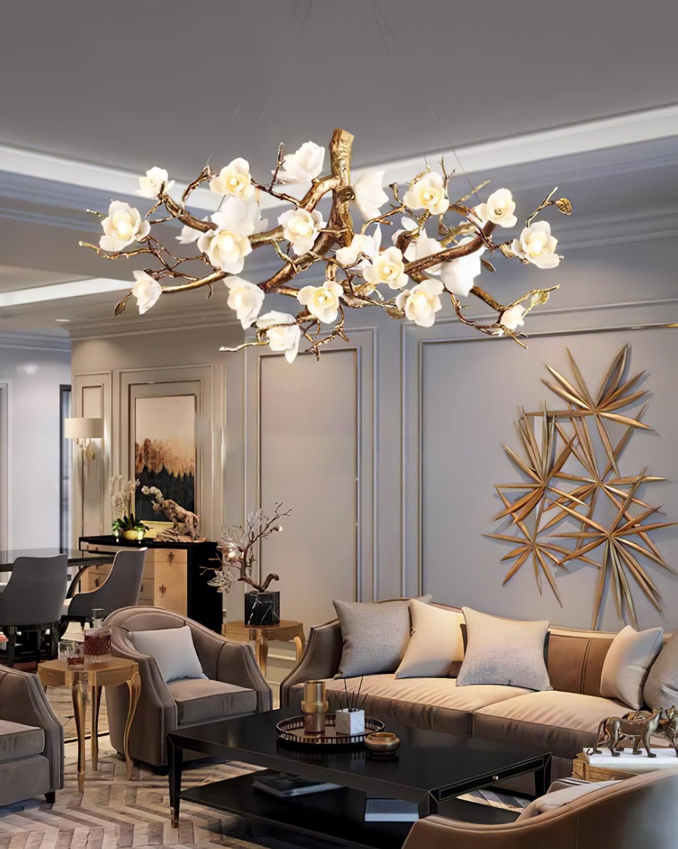 Avaros Lustre en céramique et laiton de luxe postmoderne avec branches fleuries - Neutralighting