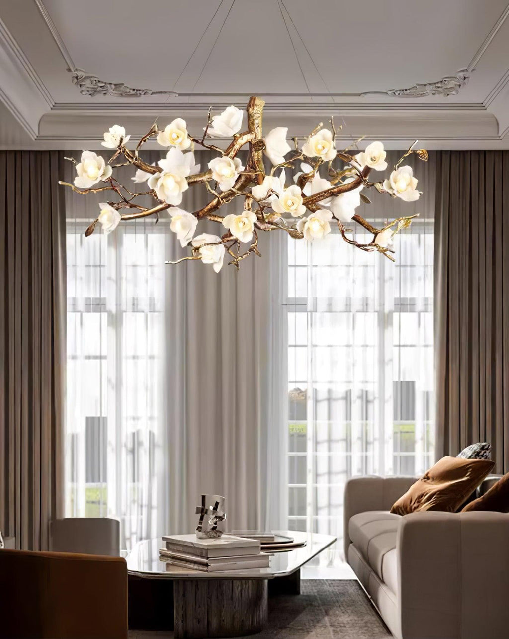 Avaros Lustre en céramique et laiton de luxe postmoderne avec branches fleuries - Neutralighting