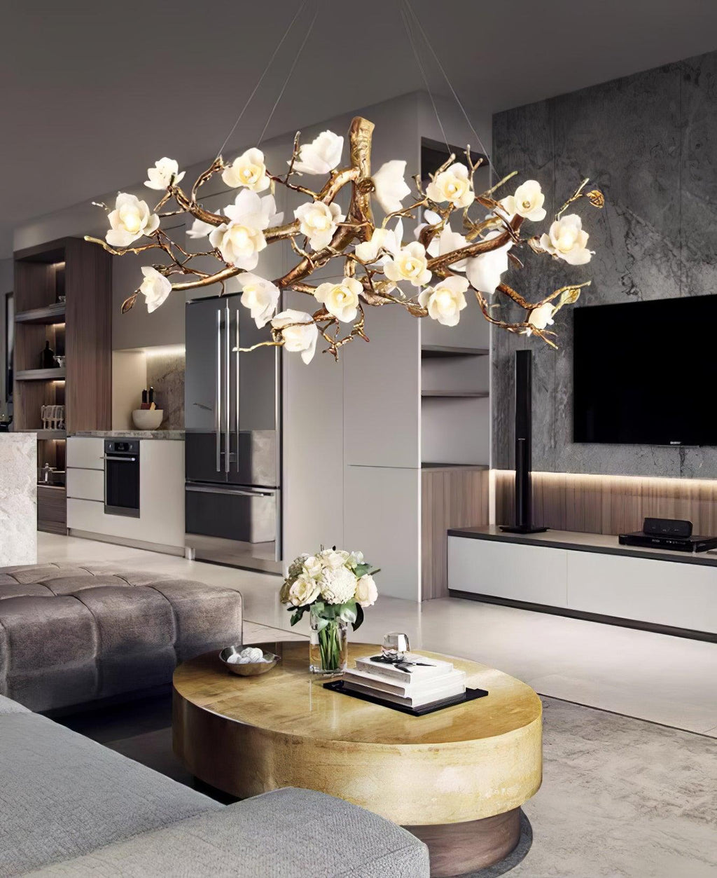 Avaros Lustre en céramique et laiton de luxe postmoderne avec branches fleuries - Neutralighting