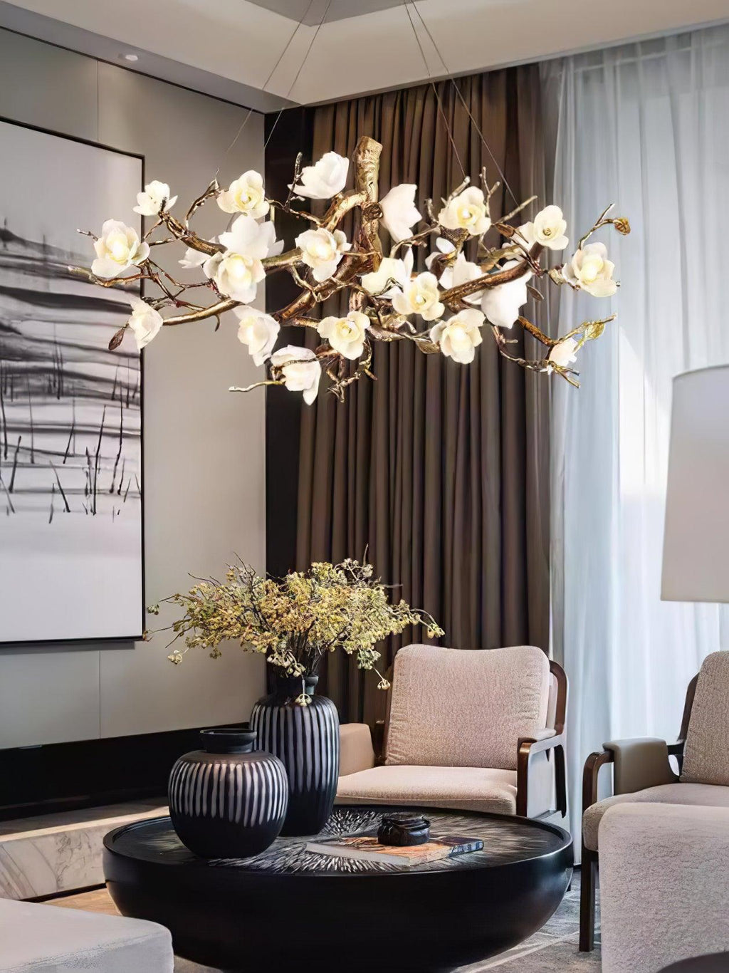 Avaros Lustre en céramique et laiton de luxe postmoderne avec branches fleuries - Neutralighting