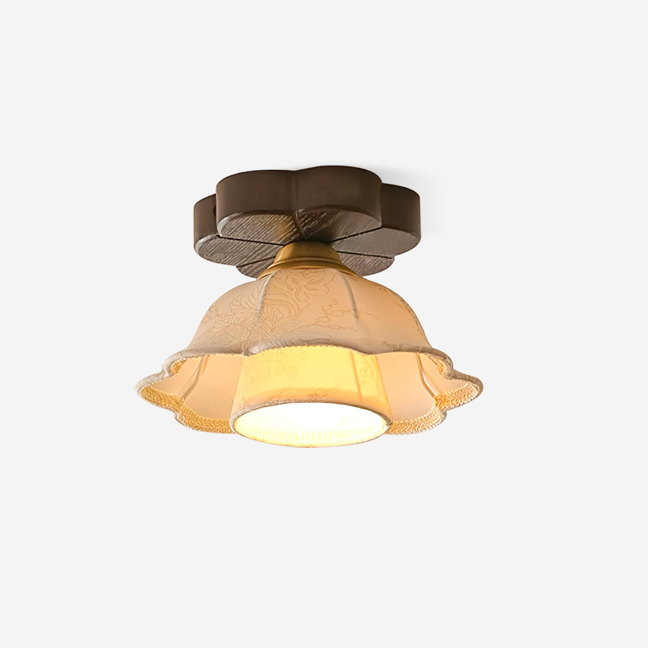 Lampe Plafond Abat-jour Tissu Festonné Plafond Bois de Noyer Vintage - Neutralighting