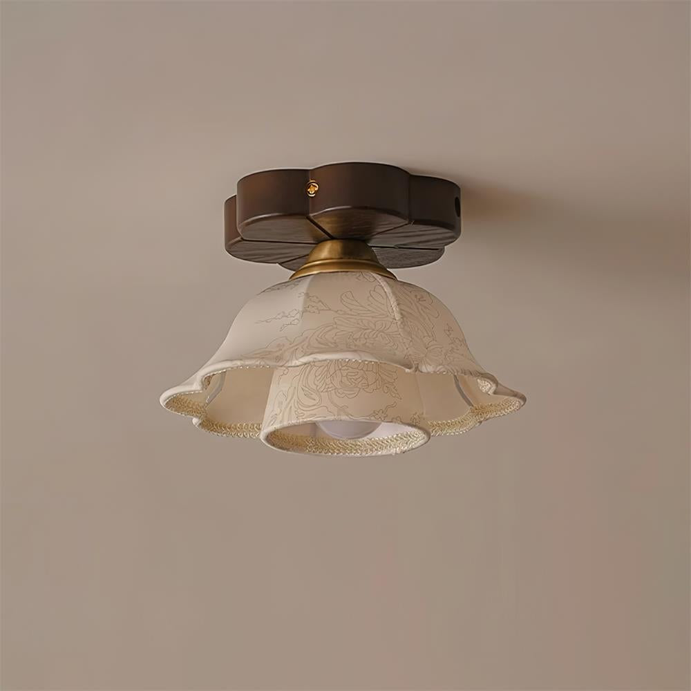 Lampe Plafond Abat-jour Tissu Festonné Plafond Bois de Noyer Vintage - Neutralighting