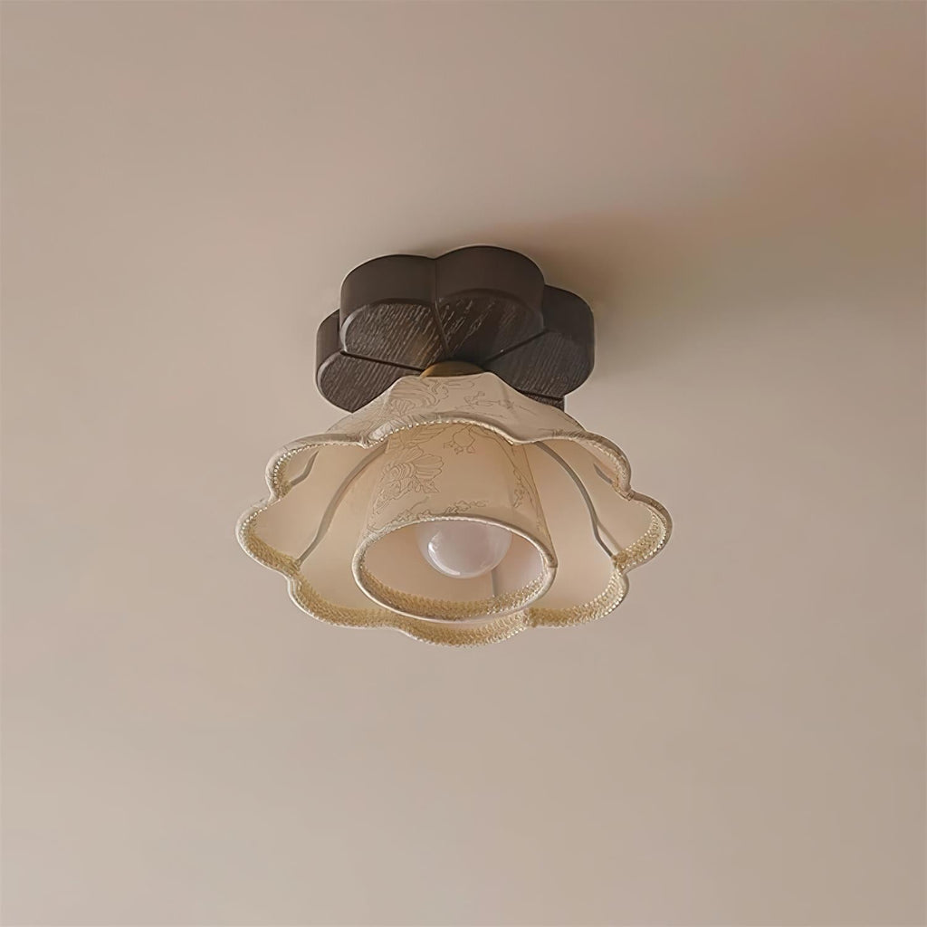 Lampe Plafond Abat-jour Tissu Festonné Plafond Bois de Noyer Vintage - Neutralighting