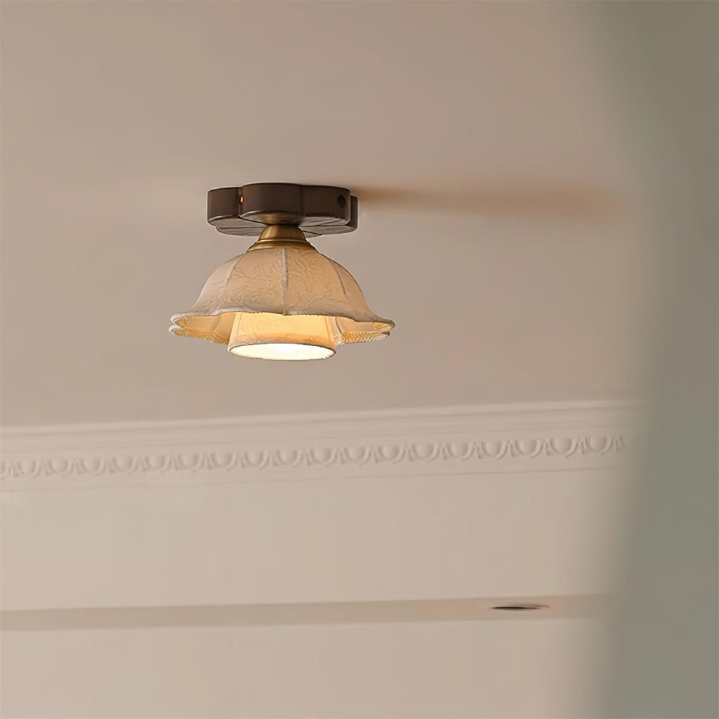 Lampe Plafond Abat-jour Tissu Festonné Plafond Bois de Noyer Vintage - Neutralighting