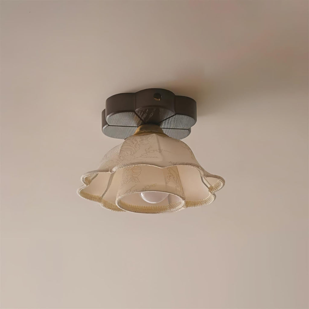 Lampe Plafond Abat-jour Tissu Festonné Plafond Bois de Noyer Vintage - Neutralighting