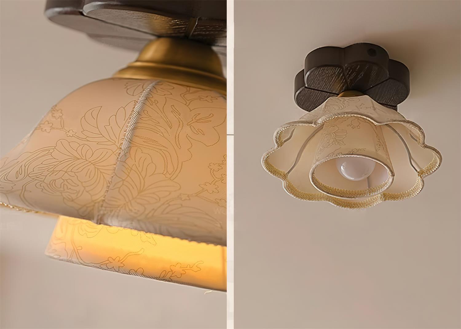 Lampe Plafond Abat-jour Tissu Festonné Plafond Bois de Noyer Vintage - Neutralighting