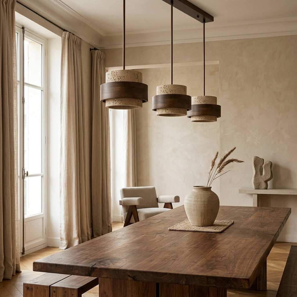 Suspension Isaline en travertin et bois — Trois lampes alignées au-dessus d’une table. Variante : Linéaire · 80 cm × H. 150 cm.
