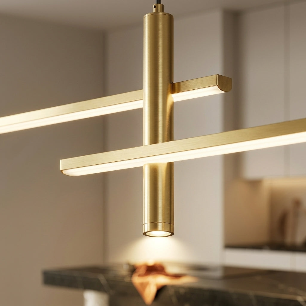 Gros plan sur les barres lumineuses et les cylindres de la suspension Adélie Or Champagne.