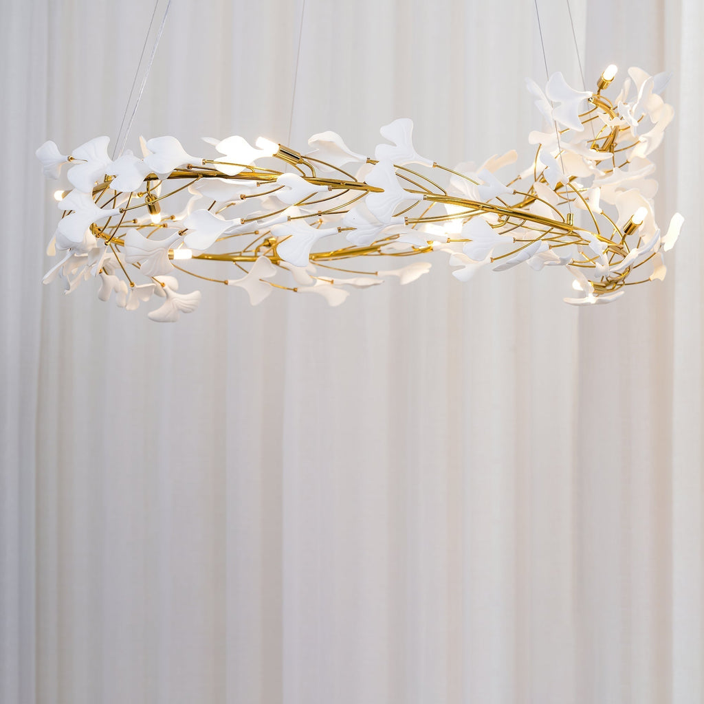 Lustra Suspension Lampe Feuilles de Gingko en Porcelaine Dorée - Neutralighting