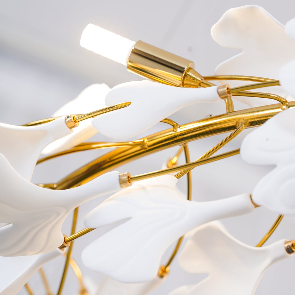Lustra Suspension Lampe Feuilles de Gingko en Porcelaine Dorée - Neutralighting
