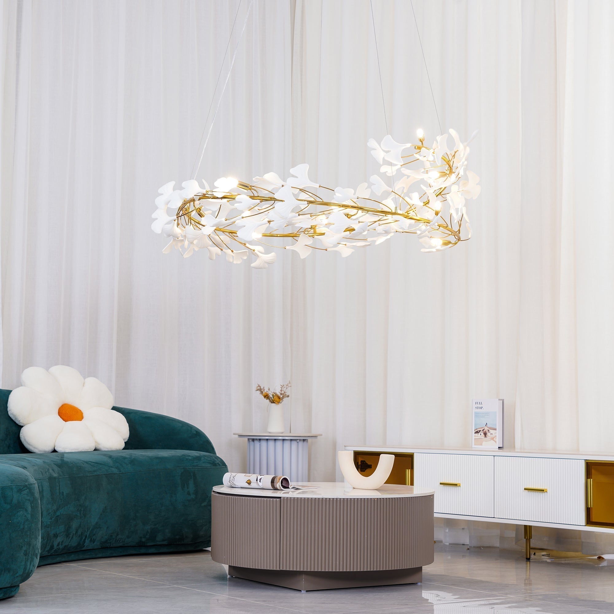 Lustra Suspension Lampe Feuilles de Gingko en Porcelaine Dorée - Neutralighting