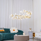 Lustra Suspension Lampe Feuilles de Gingko en Porcelaine Dorée - Neutralighting