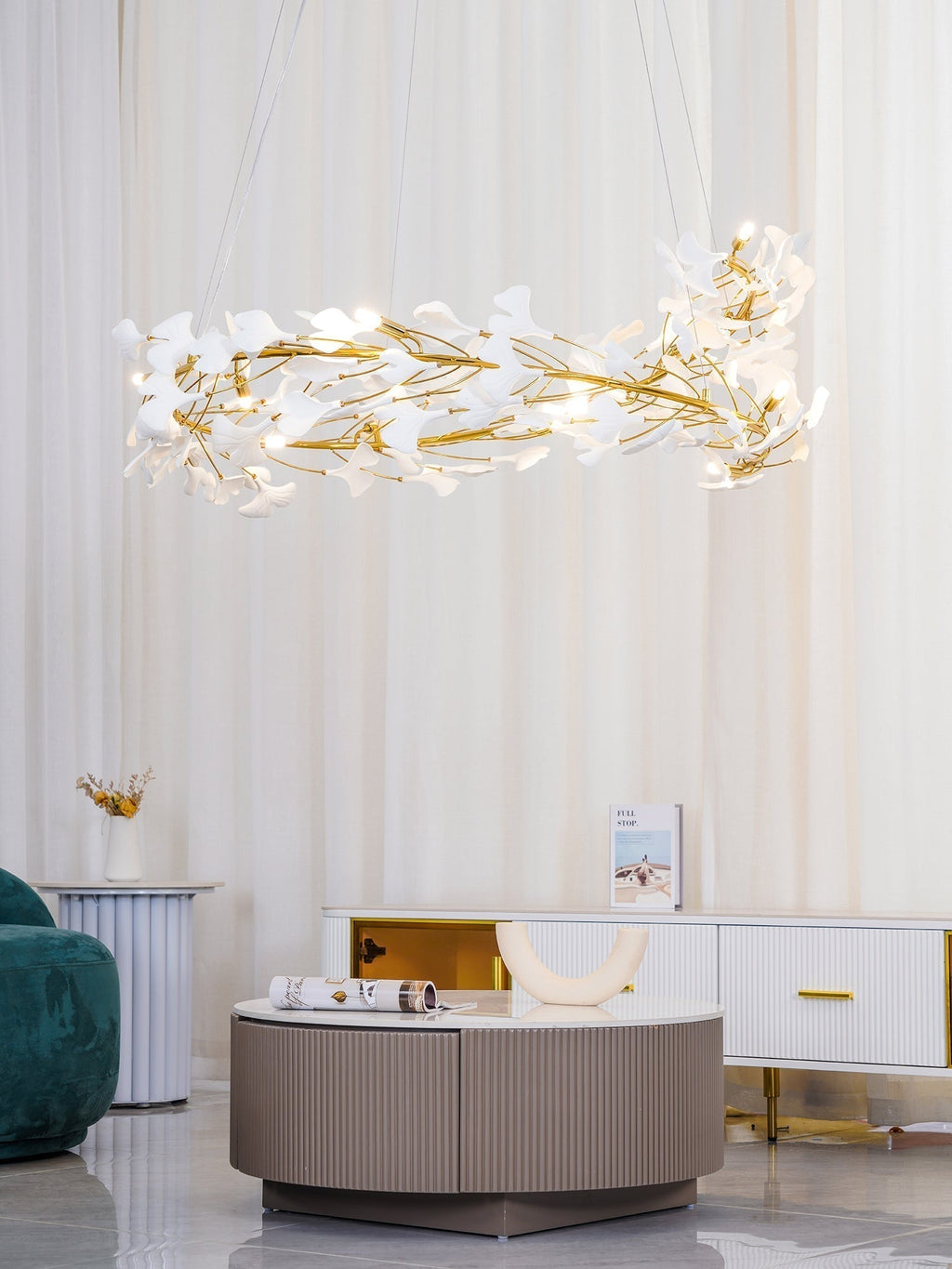 Lustra Suspension Lampe Feuilles de Gingko en Porcelaine Dorée - Neutralighting