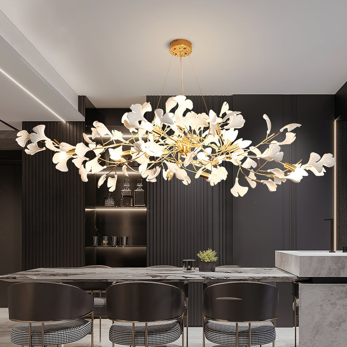 Gingko Lustre Version Longue Porcelaine Branche de Feuille Organique - Neutralighting
