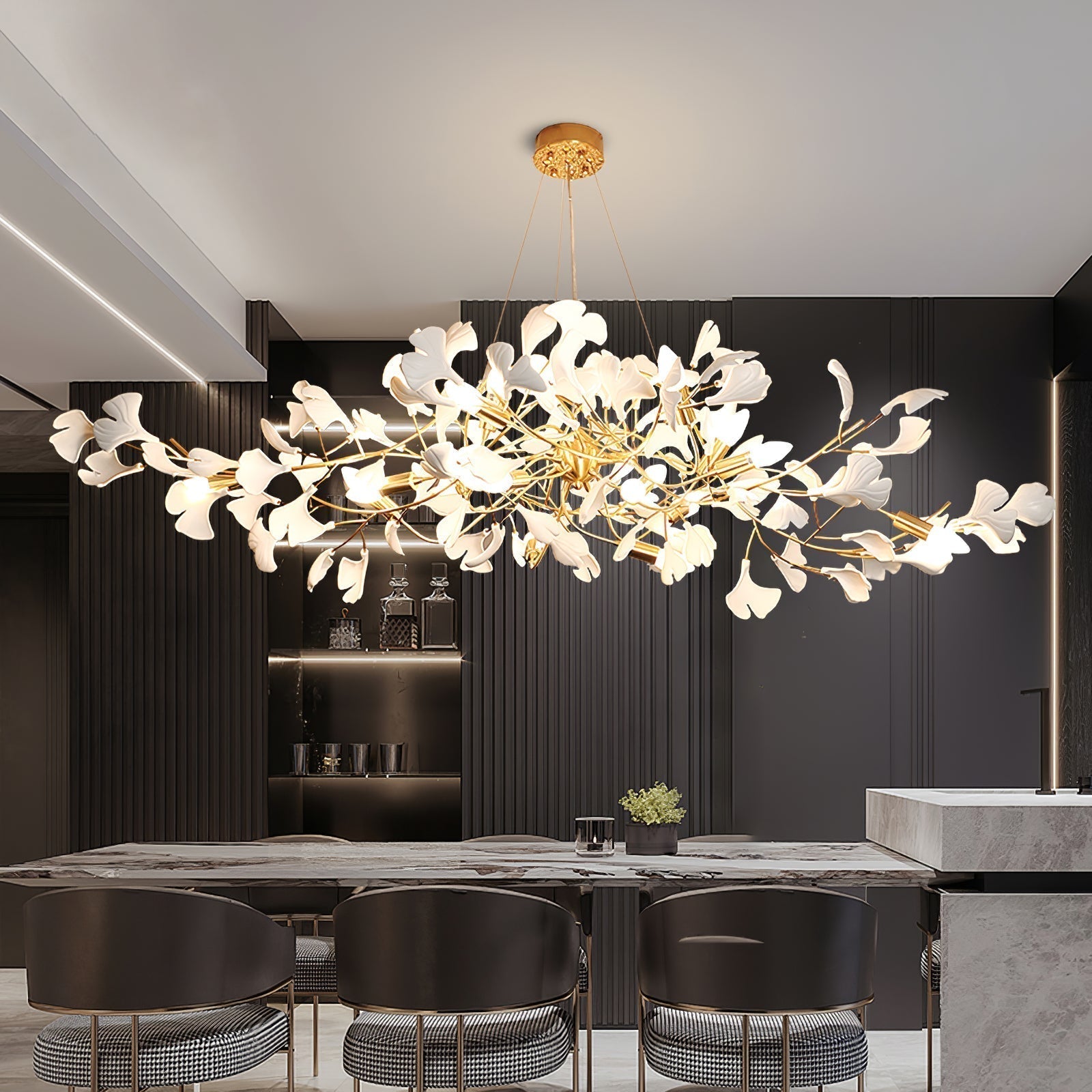 Gingko Lustre Longue Version Porcelaine Nature Inspiré - Neutralighting