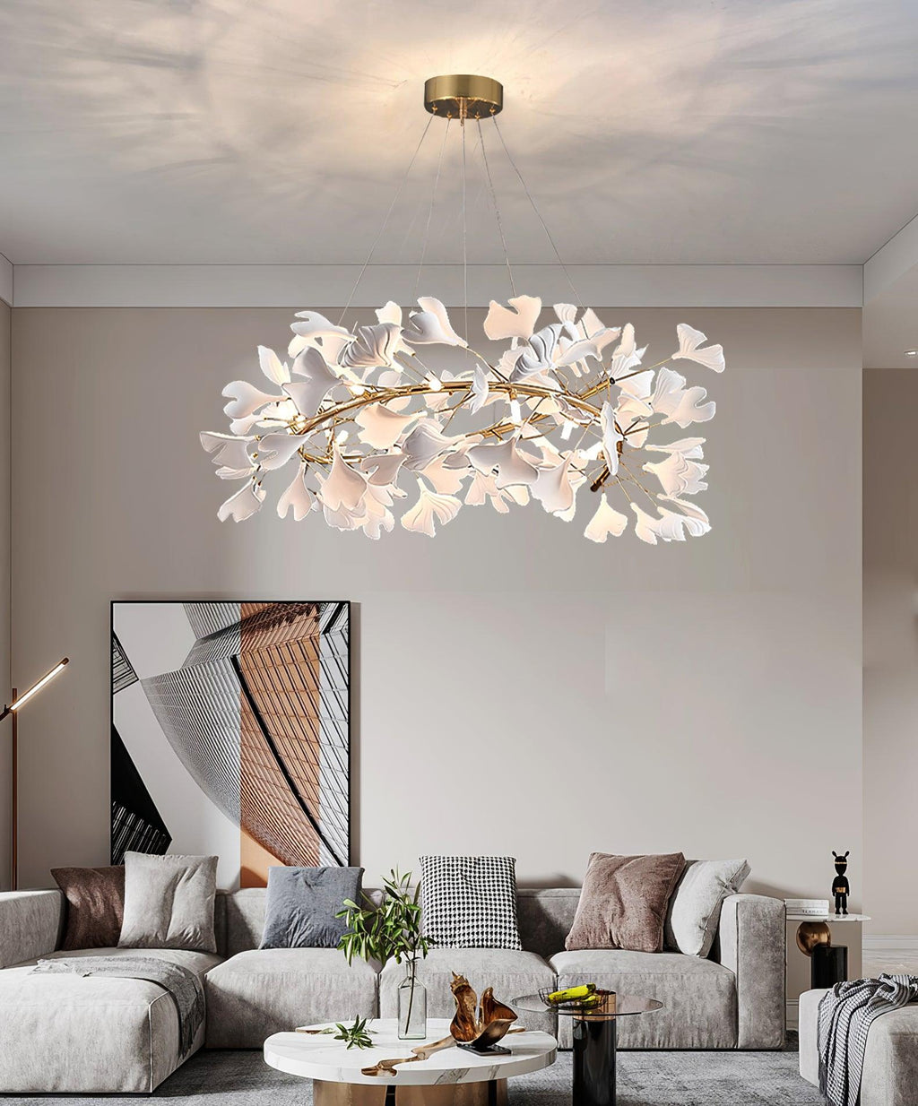 Lustra Suspension Lampe Feuilles de Gingko en Porcelaine Dorée - Neutralighting