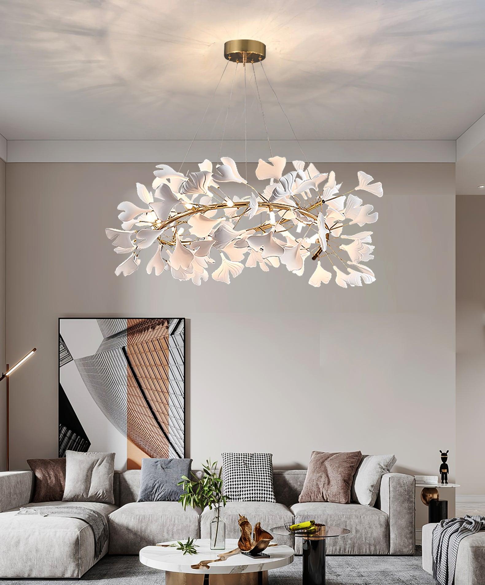 Lustra Suspension Lampe Feuilles de Gingko en Porcelaine Dorée - Neutralighting
