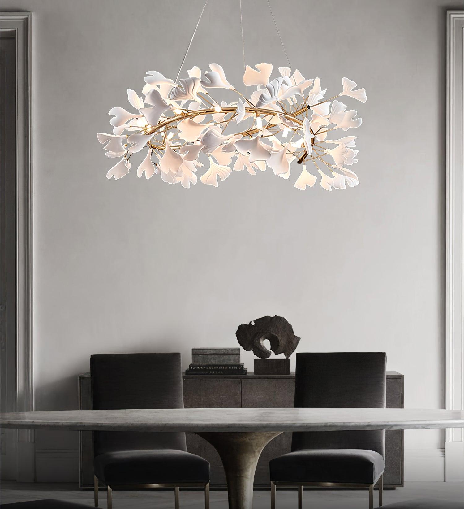 Lustra Suspension Lampe Feuilles de Gingko en Porcelaine Dorée - Neutralighting
