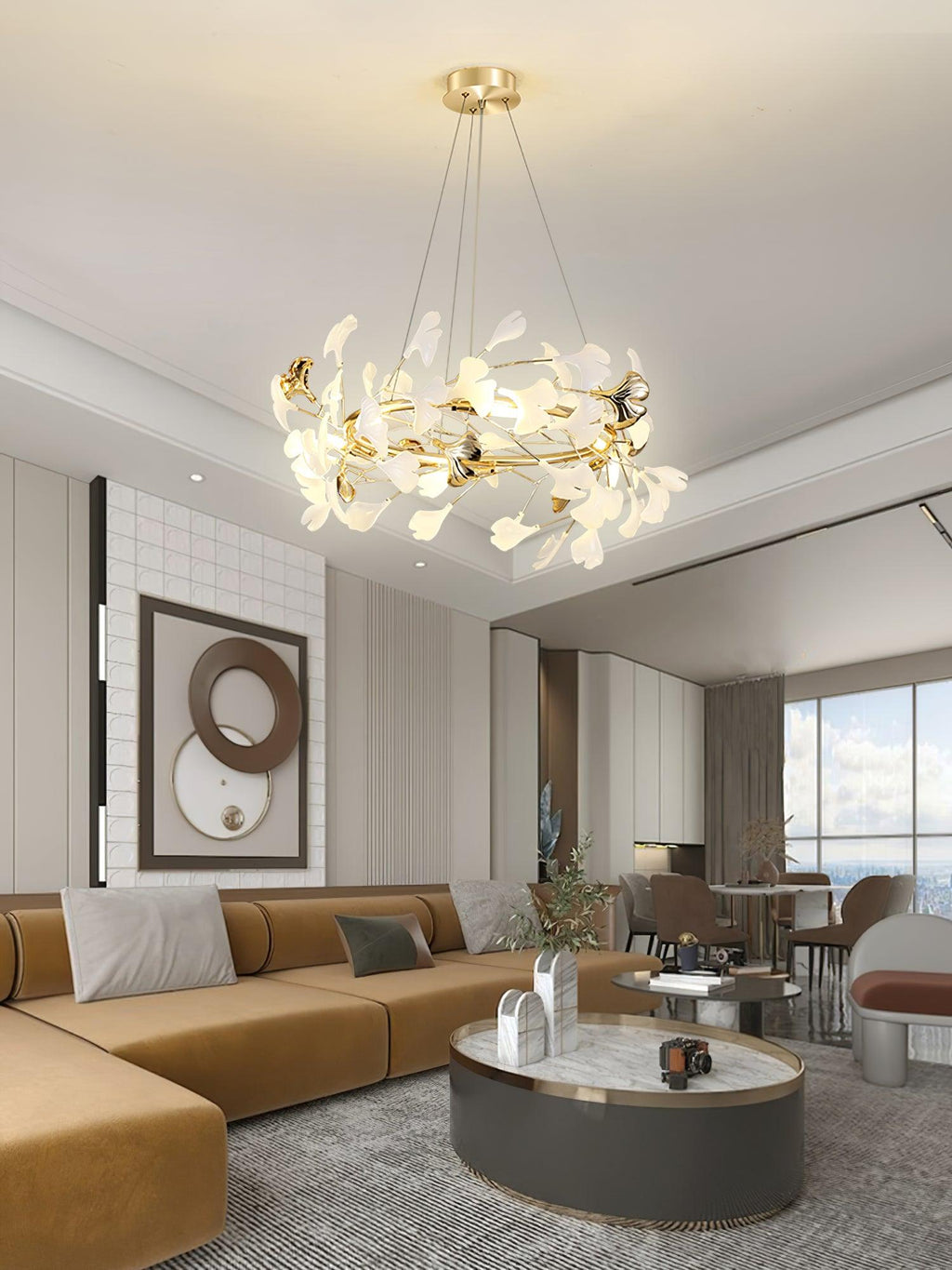 Lustra Suspension Lampe Feuilles de Gingko en Porcelaine Dorée - Neutralighting