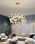 Lustra Suspension Lampe Feuilles de Gingko en Porcelaine Dorée - Neutralighting