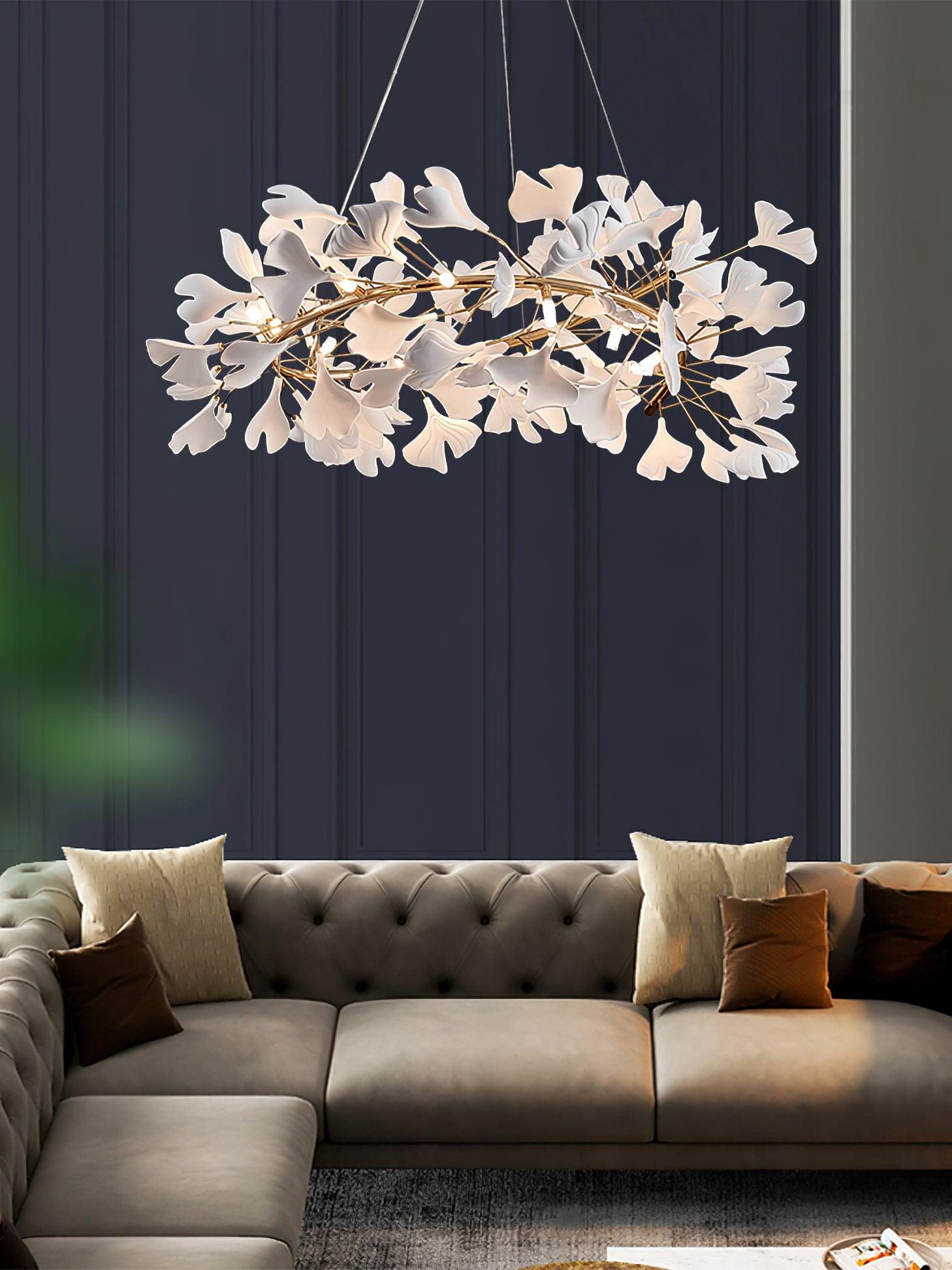 Lustra Suspension Lampe Feuilles de Gingko en Porcelaine Dorée - Neutralighting