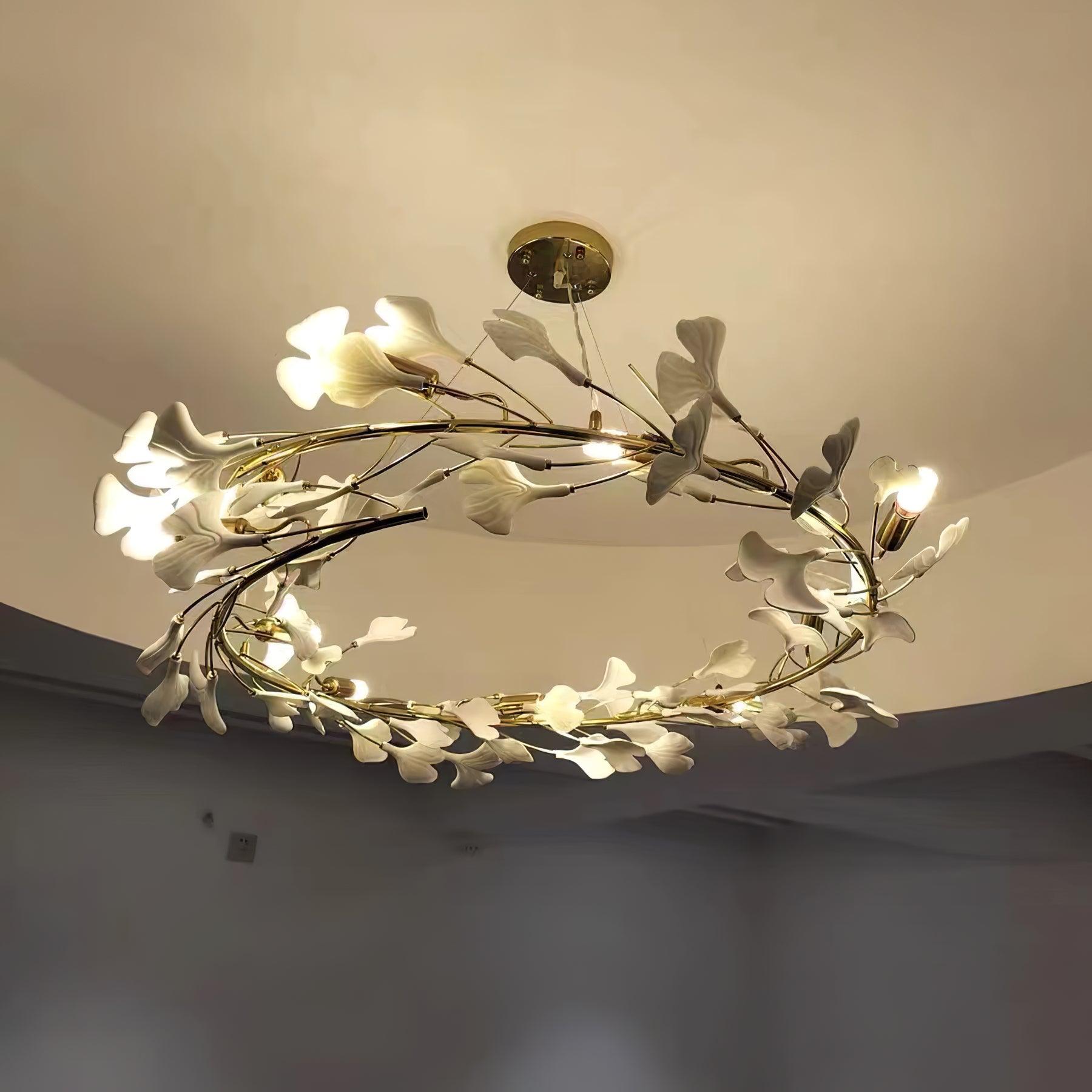 Lustra Suspension Lampe Feuilles de Gingko en Porcelaine Dorée - Neutralighting