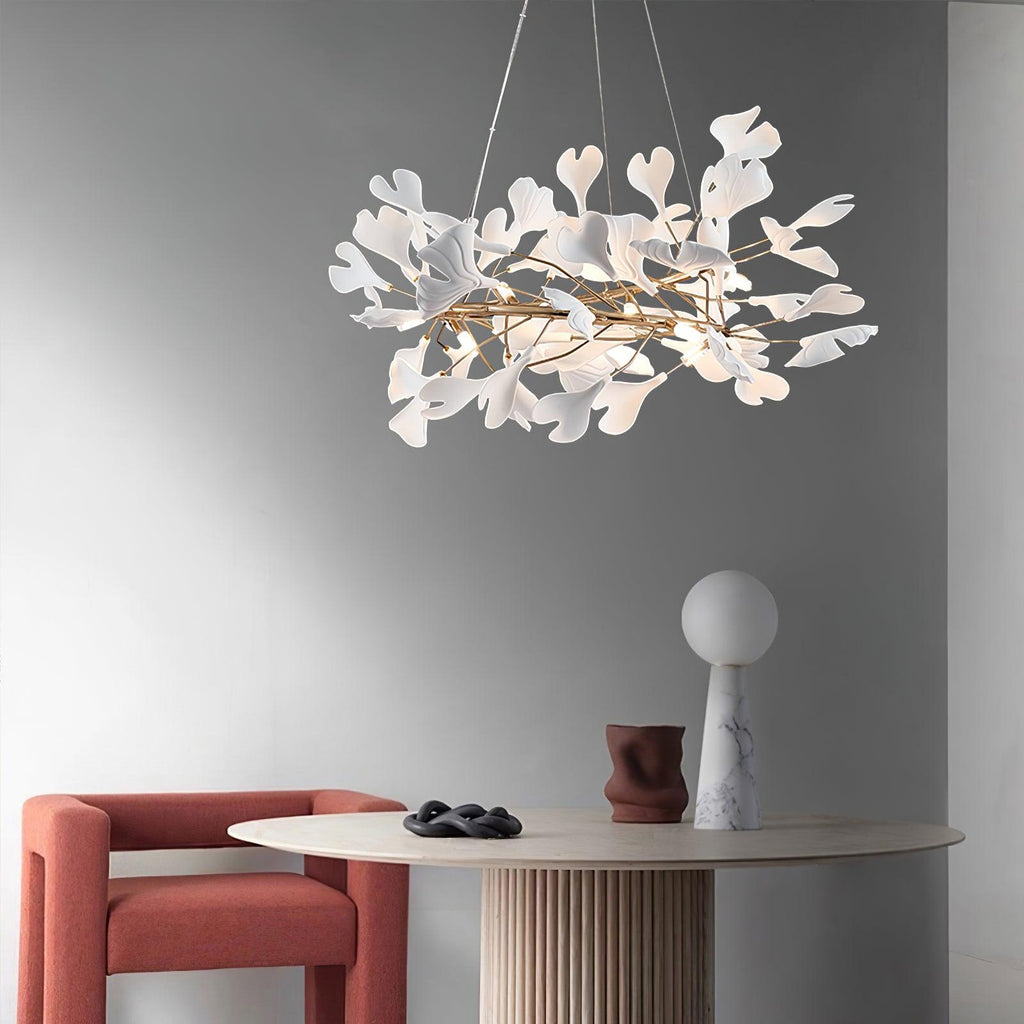 Lustra Suspension Lampe Feuilles de Gingko en Porcelaine Dorée - Neutralighting