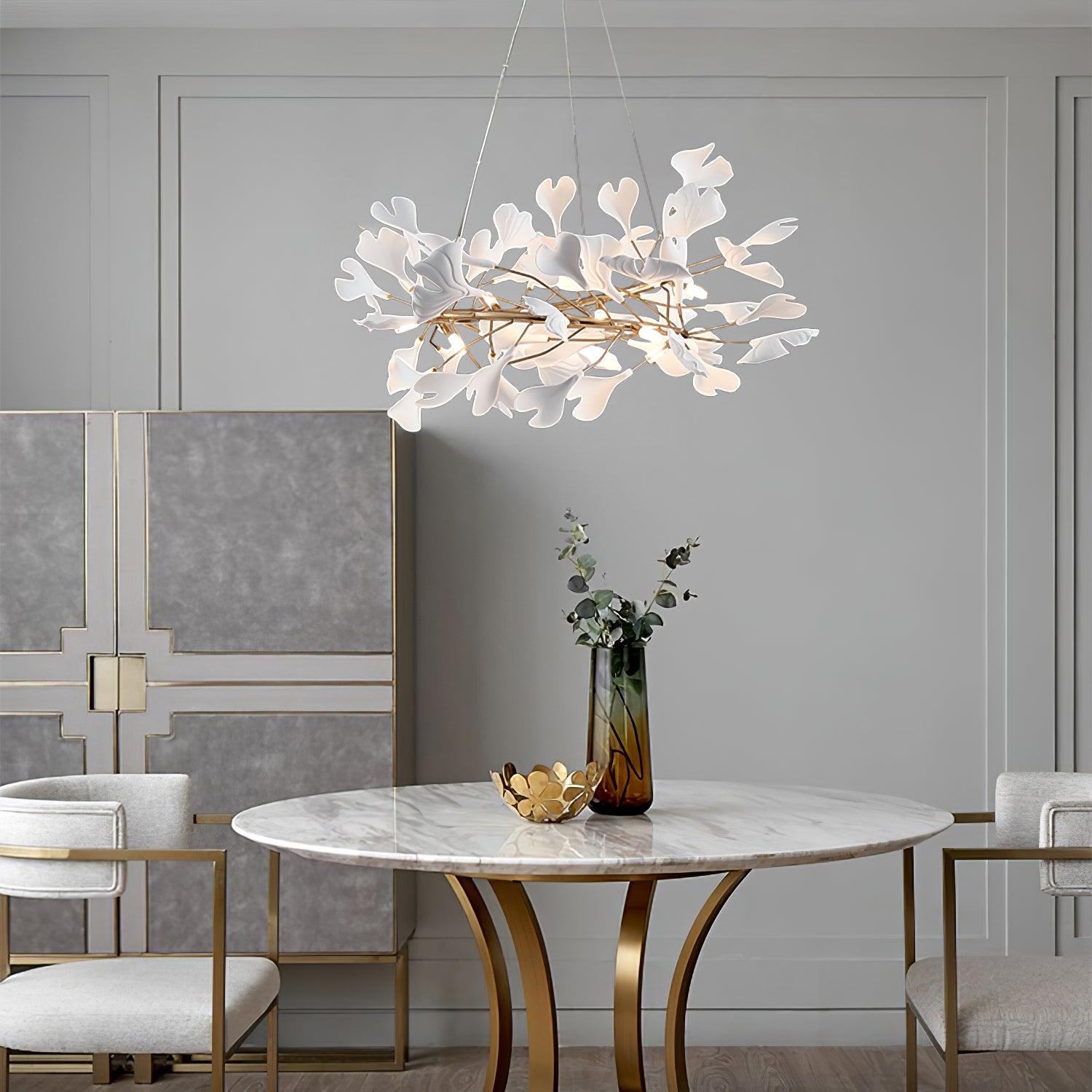 Lustra Suspension Lampe Feuilles de Gingko en Porcelaine Dorée - Neutralighting