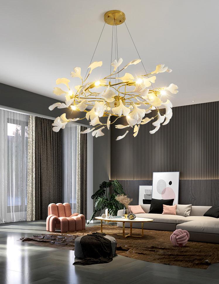 Aurora Chandelier Ginkgo Leaf Ceramic Sculptural - Neutralighting
