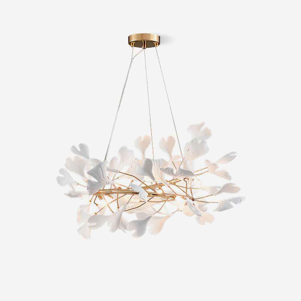 Ginkgo Chandelier White Ceramic Petals Gold Branches Art - Neutralighting