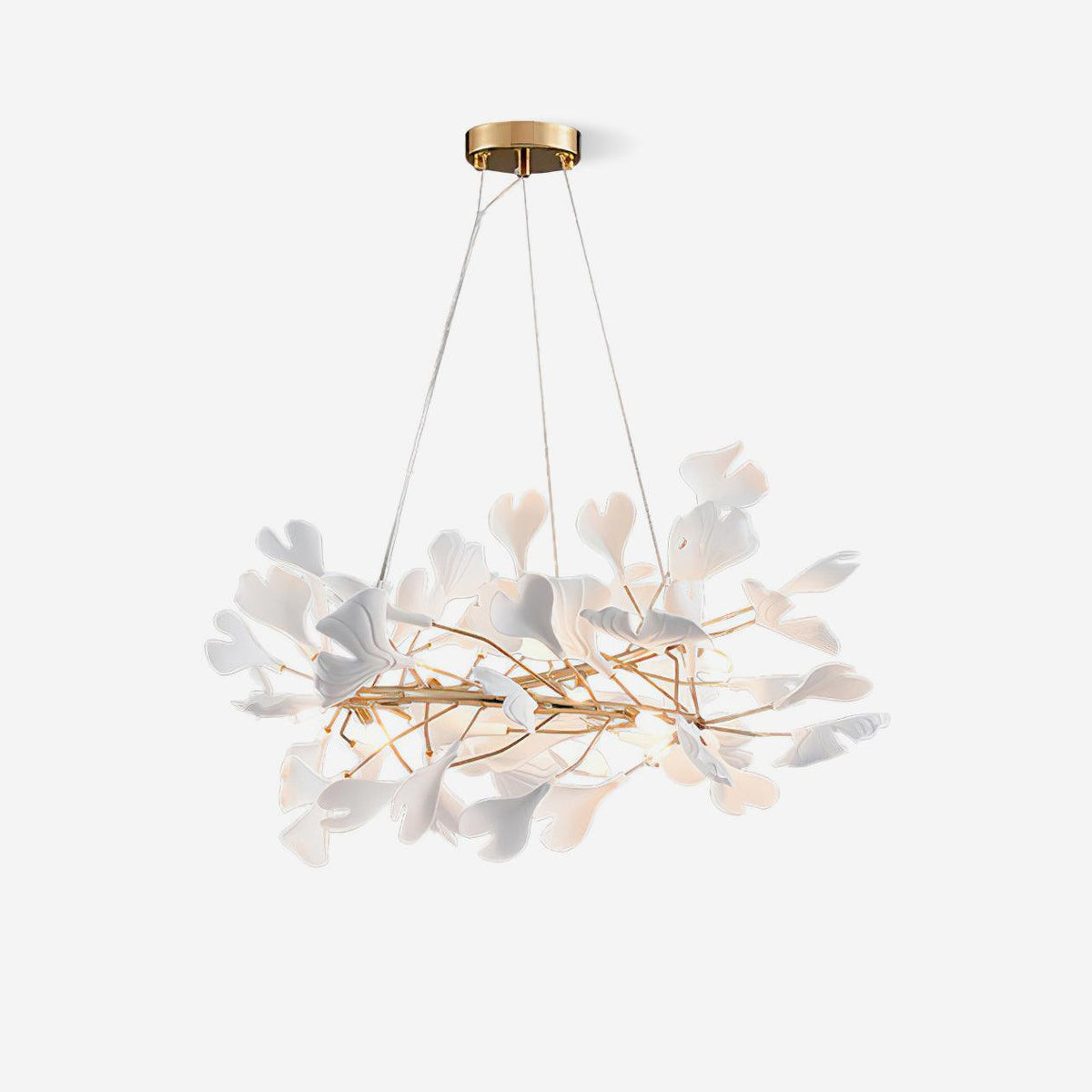 Ginkgo Chandelier White Ceramic Petals Gold Branches Art - Neutralighting