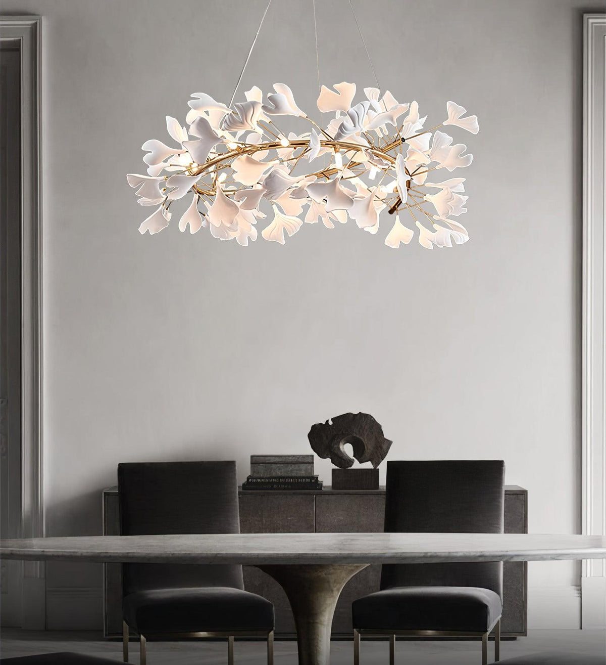 Ginkgo Chandelier White Ceramic Petals Gold Branches Art - Neutralighting