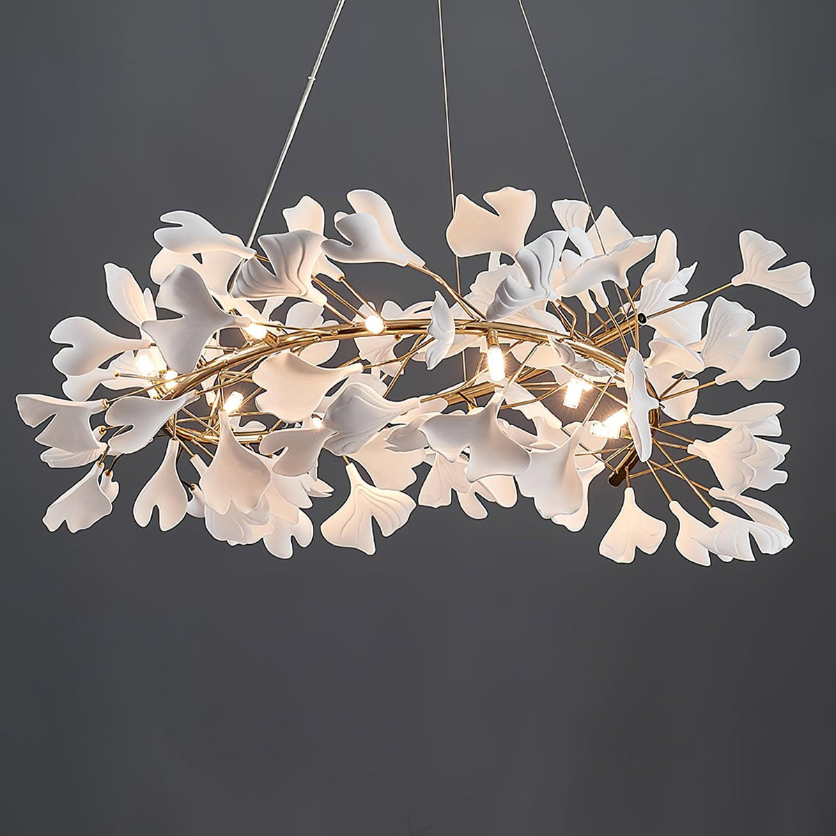 Ginkgo Chandelier White Ceramic Petals Gold Branches Art - Neutralighting