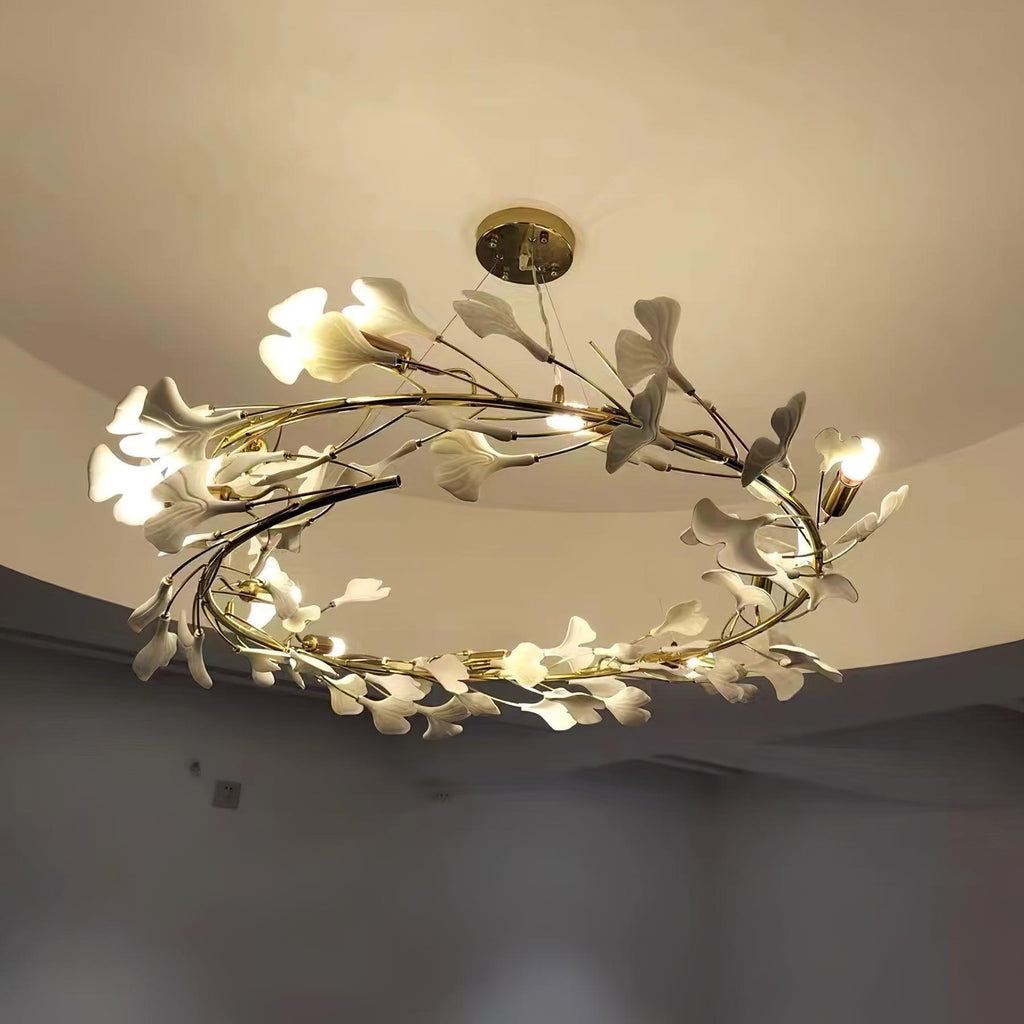 Ginkgo Chandelier White Ceramic Petals Gold Branches Art - Neutralighting