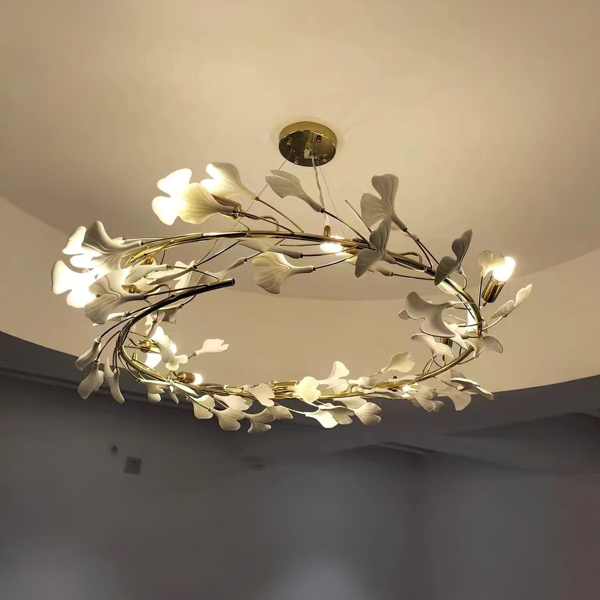 Ginkgo Chandelier White Ceramic Petals Gold Branches Art - Neutralighting